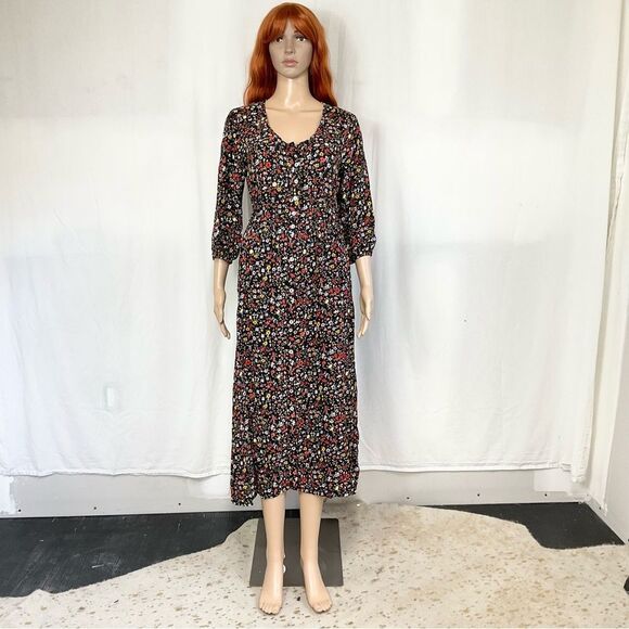 J Gee Black Red Ditsy Floral Button-Up 3/4 Sleeve Midi Boho Dress Medium Petite - Picture 3 of 12